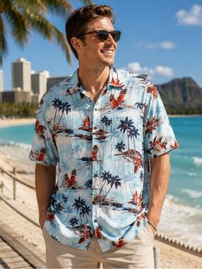 Casual Light Blue Tropical Print Short-Sleeve Button-Down Shirt